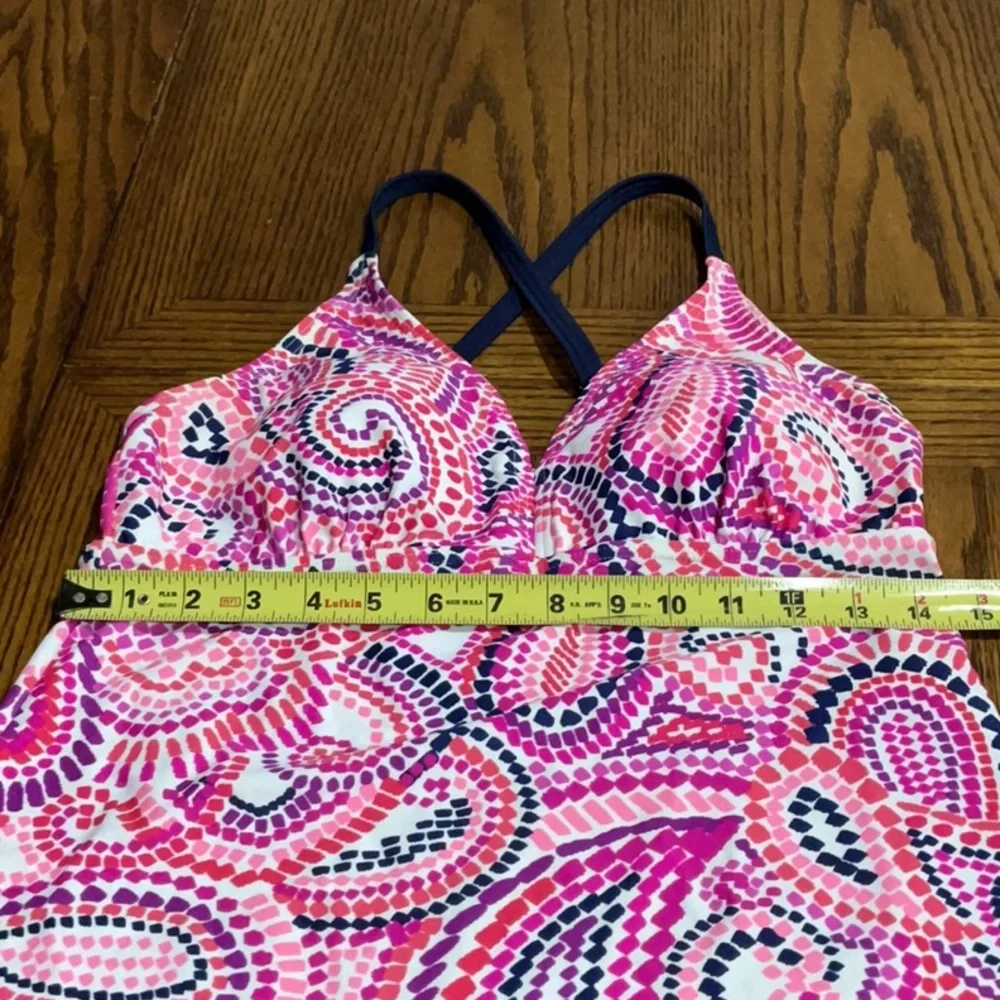 Swim bathing suit top pretty in pinks & purples with navy blue trim size 8